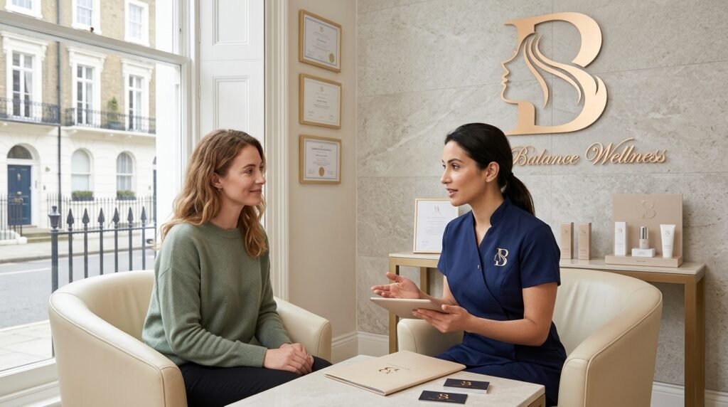 Client receiving a skin tightening consultation at Bright Balance Wellness in Chiswick London