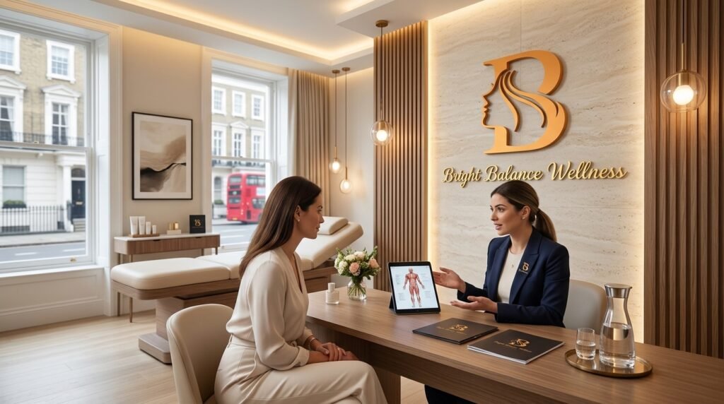Practitioner discussing post-fat dissolving maintenance during a consultation at Bright Balance Wellness in Chiswick London